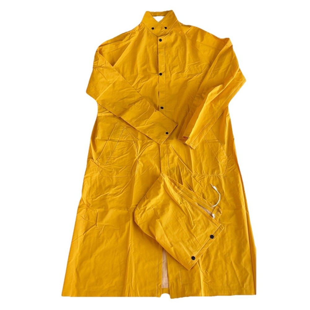 Long Yellow Waterproof PVC Safety Rain Coat Rain Jacket Double Button Size XL